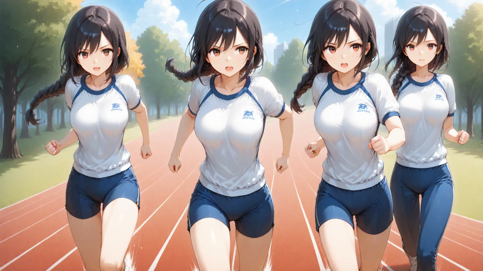 A Beautiful Cute Girl, jogging in the City Park. She has (Lush, Long Dark-Brown Hair), (Extremely Large Breasts), (Very Wide Hips), and a very Athletic and Muscular but still Curvy Figure. She is wearing a (Grey Gym-shirt, with Black Accents), (Black Gym-shorts, with Pink Accents), and (Pink Running shoes). ((Best Quality)), ((Best Detail)), ((1girl)), ((Perfect Anatomy)), ((Accurately Textured)),