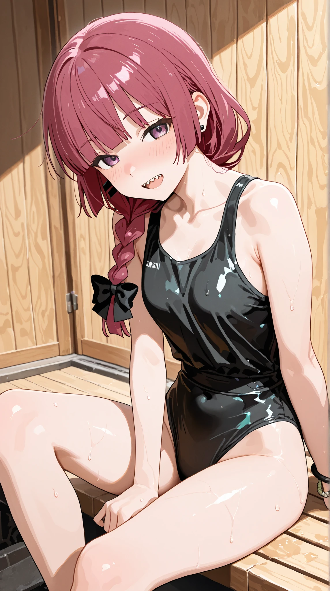 room, 1 Girl, Highest quality, Ultra-high resolution, Long Hair, Redhead, Green Eyes,Looking at the audience, Small breasts , Shy face、Watery eye, Open your mouth、Cowboy Shot、Navy school swimsuit、Pool