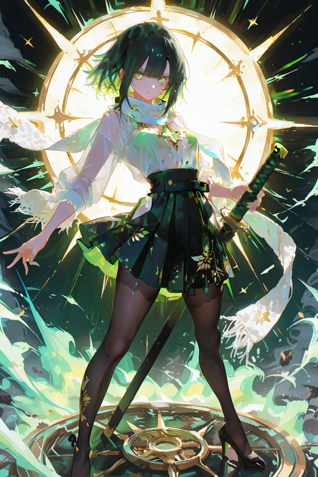 [(white background:1.5)::5], (bottle bottom:0.9),
1 girl, mid shot, full body,detailed face, detailed eye,  young girl,black hair, very_short_hair, green eyes, small breasts,(very long skirt:1.2), holding weapon, 
(starry_background:1.3),
 <lora:gachaSplashLORA_gachaSplash:1> <lora:moxin_1010:0.65>
