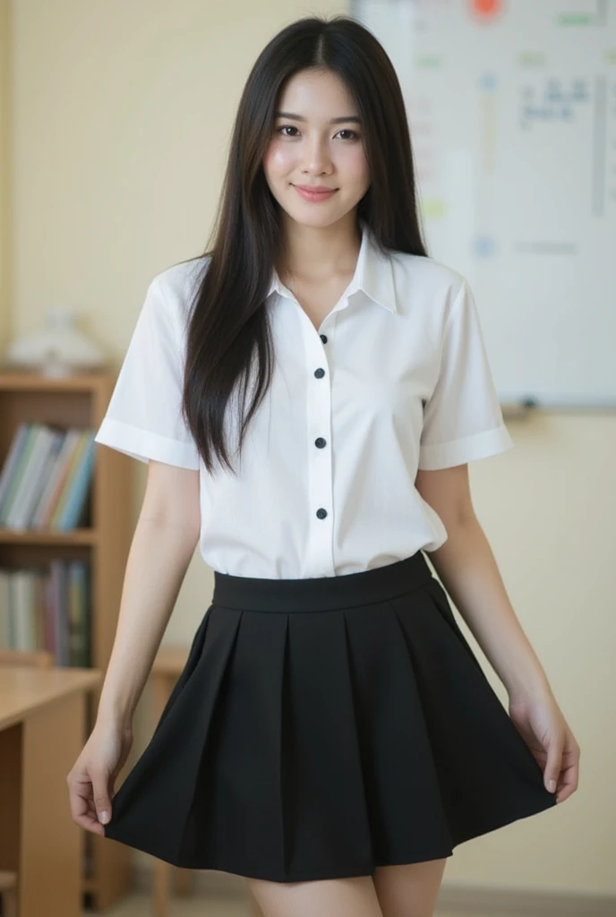 Thai school uniform, beautiful Thai girl, white skin, oval face, 17-18 years old, big pussy, big pussy, D cup, big breasts.
Standing without underwear, skirt open, shirt showing breasts, pussy visible, legs spread apart in class, camera zooms in to show her clit. You don't have to cover your pussy with your hand. Spread your hands out to both sides. The camera takes a short shot from a lower angle.