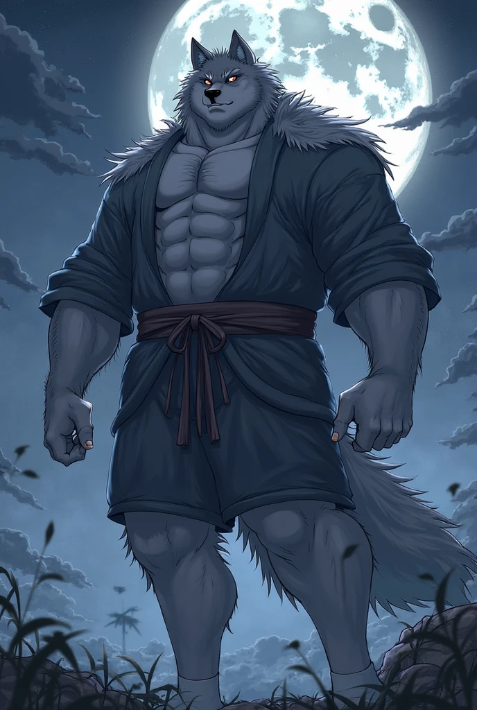 White long haired werewolf , Open kimono , Thin and black body , White belly , White Face , Large bulging ?????? , White Japanese loincloth , Gentle eyes, Standing posture , lure , Moonlit lakeside