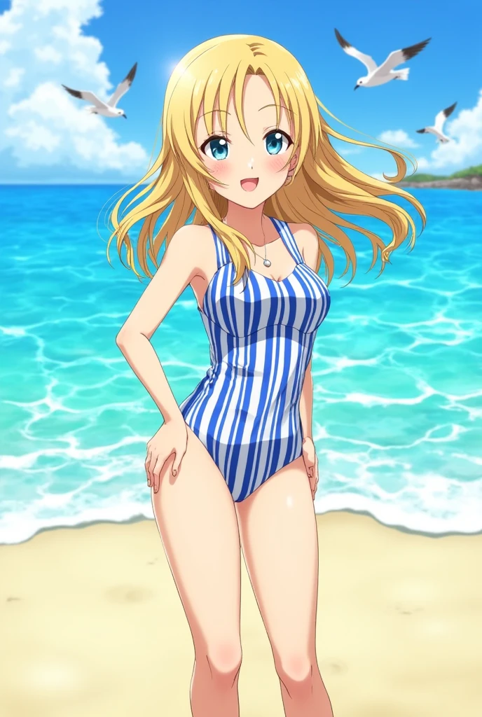 fairy_tail_style, solo, 1 girl, (young female body:1.4), (medium small breasts), golden yellow hair, extra long hair, blunt bangs, crystal blue eyes, very detailed eyes, cowboy shot, detailed eyes, beach house, sand, purple pink swim dress, tight swim dress, bikini