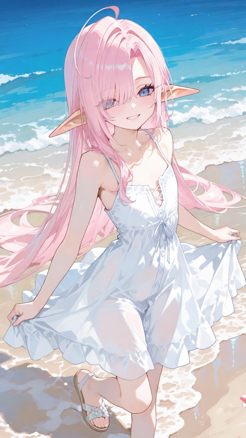 best quality, master piece, High, alone, {Night:1.10}, {Starlight sky:1.10}, Beach, beautiful detailed sky, {Extremely detailed background:1.20}, {Circe_FGO:1.15}, {stand:1.10} , Looking at Viewer, {bikini:1.30}, pointy_Ears, Pink_hair, Head_Wings, Wings, fringe, feathered_Wings, Long_hair, jewelry, smile, breasts, necklace, blush, small_breasts, multicolored_eye, light smile