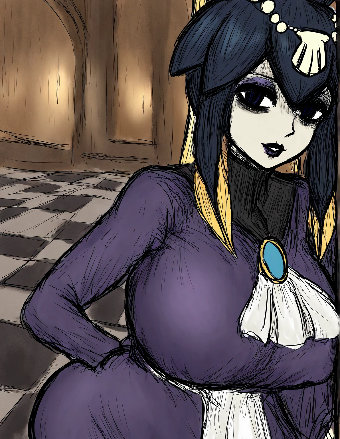 <lora:tokacomics:1>, tokacomics, cartoon, drawing, (smug:0.7), 1girl, bare shoulders, beard, breasts, cleavage, crown, curtains, detached sleeves, dirty, dress, easel, facial hair, flower, indoors, king, looking at viewer, paint, paint on face, paintbrush, palette, ponytail, puffy sleeves, purple hair, solo, violet eyes, wide sleeves, window