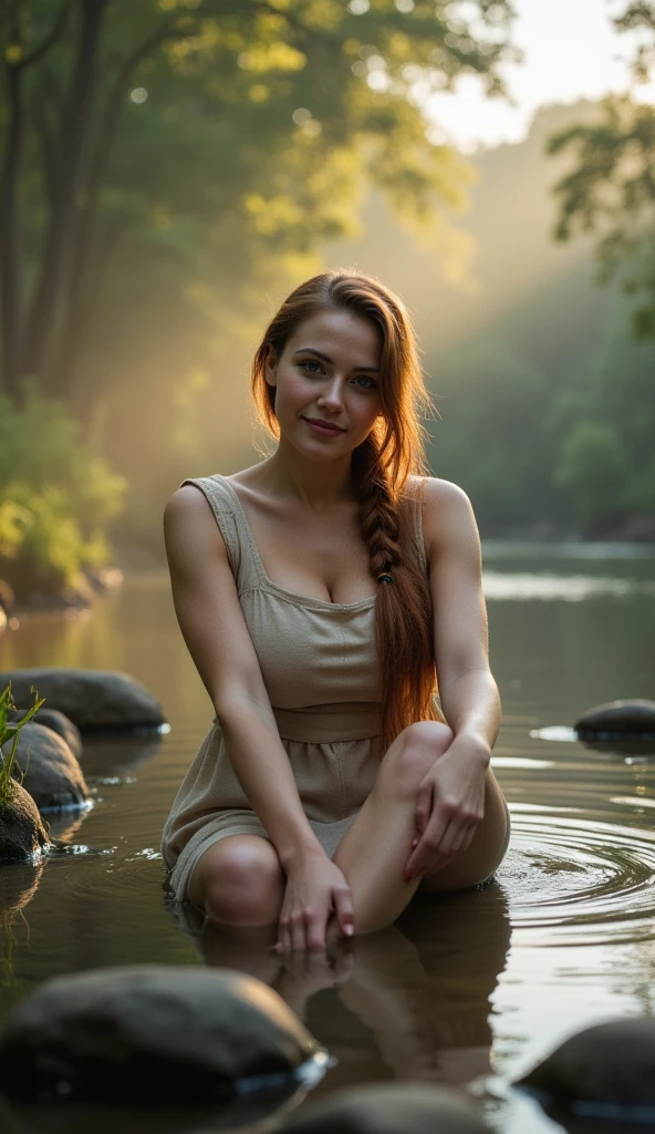 score_9, score_8_up, score_7_up, detailed soft lighting, beautiful Teresa Palmer, cleavage, (tight mini dress, strappy sandals:1.3), leaning forward, down blouse, sitting on a stone bank, innocent face, flirtatious smile, wavy hair, nature, sensual, serene spaces (masterpiece, best quality, highly detailed, beautiful, realistic), detailed eyes, detailed face, detailed lips, detailed hands, perfect anatomy, anatomically correct, perfect proportions, photorealistic, rim lighting, dimly lit, 30 year old.