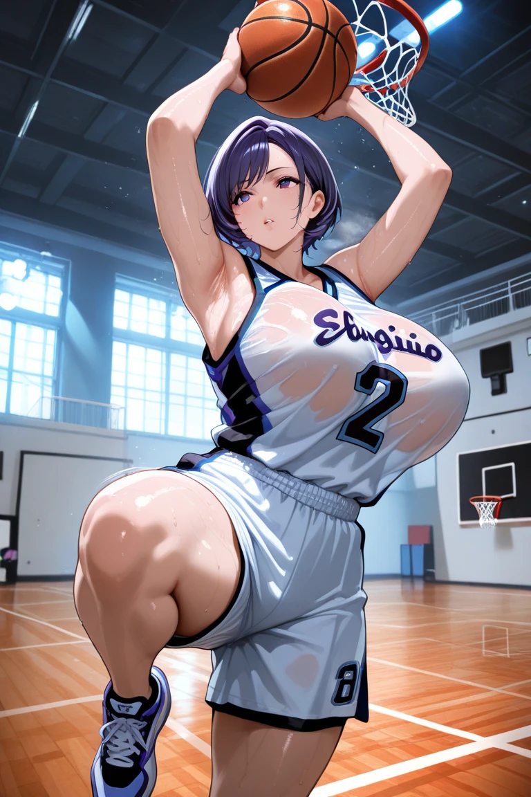 An anime-style artwork depicting acheron from the game Honkai star rail.

Tags: acheronhsr, anime, detailed eyes, detailed lips, (volleyball outfit : 1.4), smiling expression, intense gaze, glowing emblem on hand, dynamic pose,  indoor, locker room, vibrant colors, digital art, high-resolution, professional quality, gigantic breasts, curvy, cowboy shot, (gigantic breasts: 1.4), (purple eyes: 1.4), (blue hair: 1.6), short hair, curvy ass, (big butt : 1.4), (bubble butt : 1.4), from behind, back view