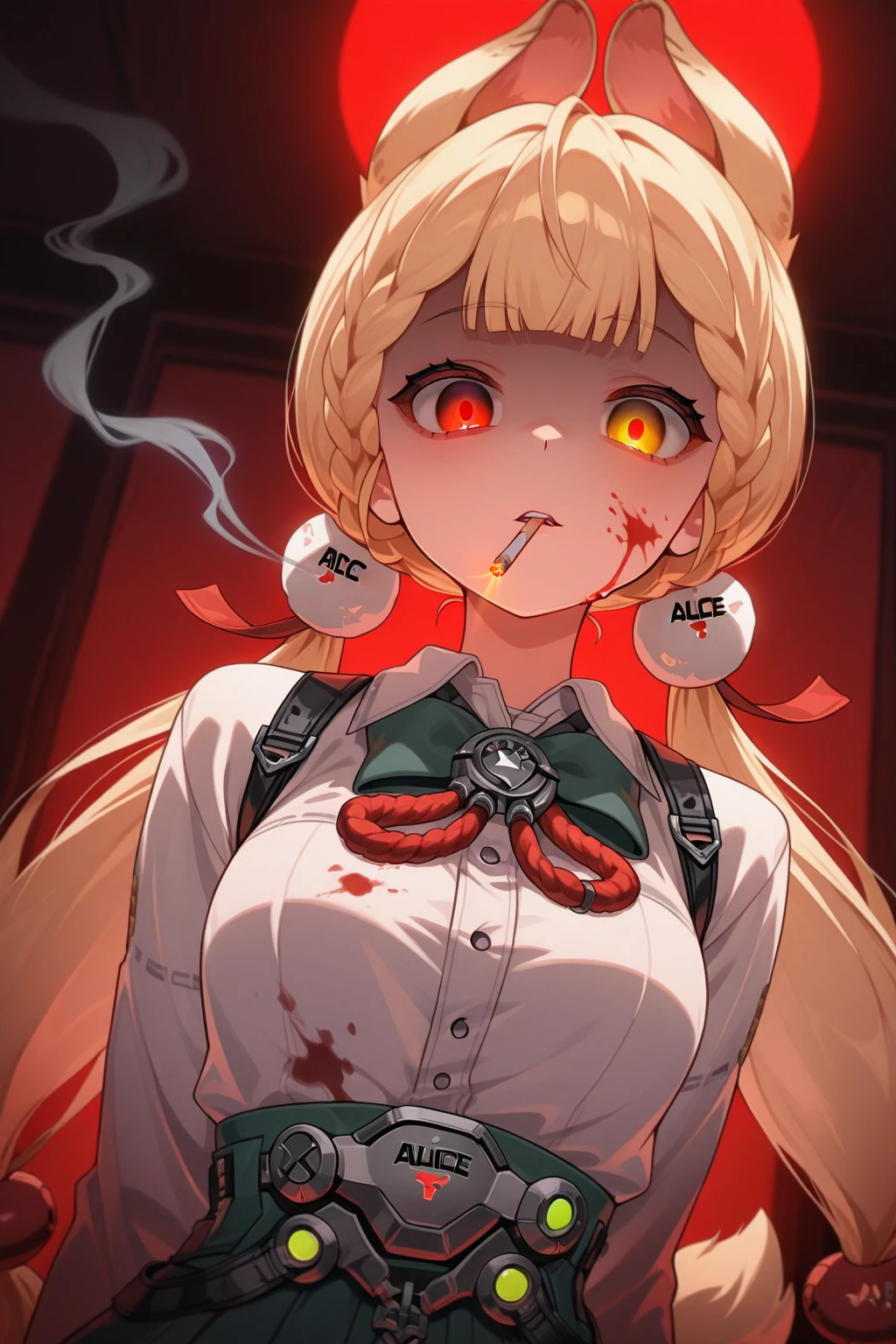 masterpiece, highest quality, (anime screencap:1.3),(shape), cute,(simple:1), (anime:1.2),Solo Sharp Focus, 1 girl, cleavage,looking at the viewer, Japan,nighttime,gold hair,((mini skirt)),Are standing, twin tails,summer ,((White Gothic Costume)),red ribbon,in the dark gothic,abandoned house,lolita fashion,gothic bonnet,hair ribbon,cowboy shot,in the nighttime,rainy sky,,(Ruins house1.1),（Abandoned house1.1),large breasts,dark,cloudy,heavy rain,（Holding a bloody knife1.1),（bathe in blood1.1),NSFW,