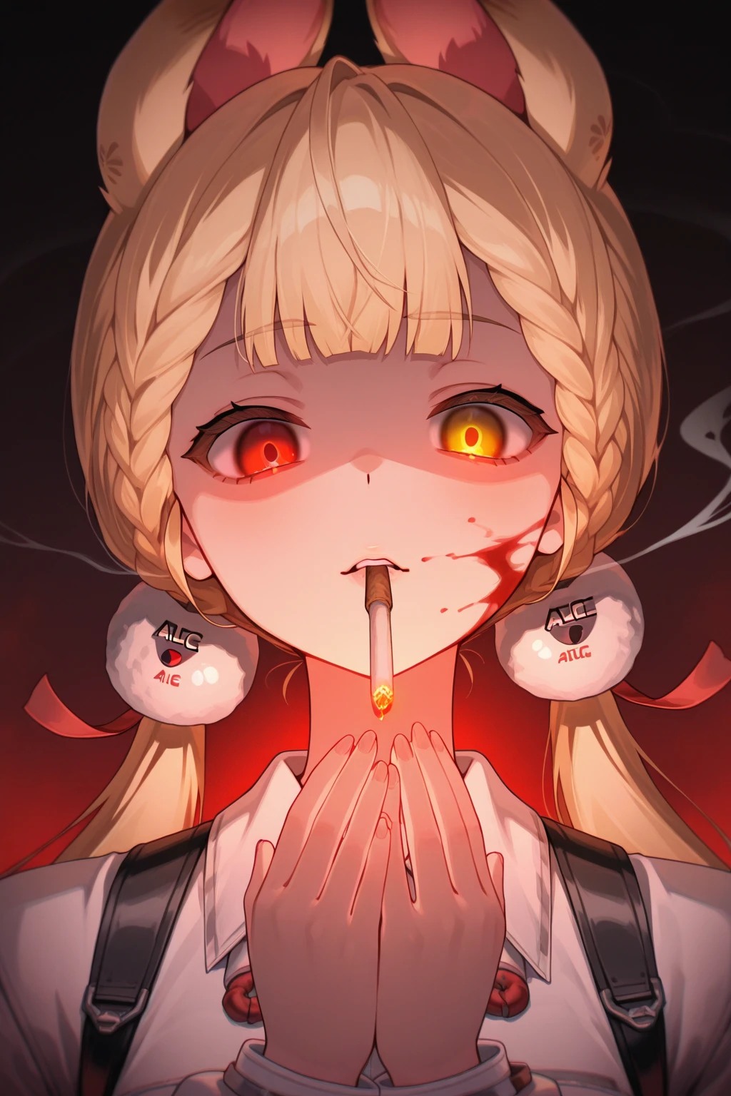 *a , on a black background,blonde hair, slightly dirty white clothes, looks at the viewer, yellow slightly long hair, blood on her face, one eye is injured, a sad and gloomy expression on her face, holds a white rabbit toy in her hand*