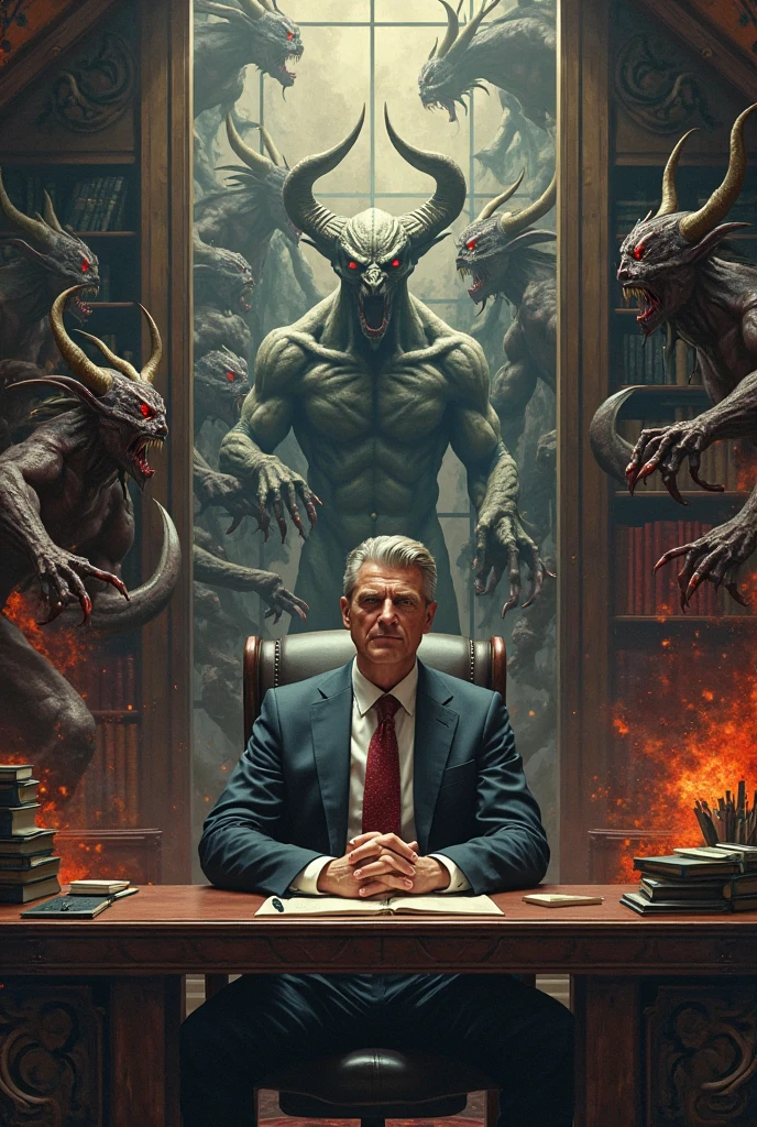(a man sitting at a desk using an ultra wide screen monitor.:2.1) lit torches, dimly lit. expansive, dimly lit room with high ceilings and ancient, ornate architecture. colossal, fiery gateway that has just opened behind him. The gateway to hell is characterized by intense, swirling flames and a menacing, dark abyss that seems to pulsate with malevolent energy. The room is cast in eerie shadows, with the only light emanating from the hellish portal, reflecting off the man's determined face and the intricate stone walls around him. The atmosphere is charged with a foreboding sense of impending doom, yet the man remains resolute and unfazed by the infernal scene he has conjured.