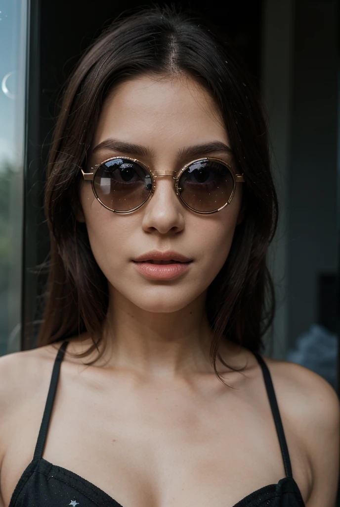 (Best quality, Ultra detailed, Golden ratio, Masterpiece:1.2), Theatrical lighting:0.7, Photo of a woman, dressed in a very elegant and pretty dress, Perfect rare face, (Highly detailed skin), randomly dyed hair, Hide your mouth with your hands、Ridicule, skin texture, Pale skin, shiny skin, (thin, large size:1.2), [:(Sharp focus on rare face, perfect eyes:1.2):0.2], photorealistic, film grain, Put one foot forward、from below looking up、look at camera、Emphasize the shoulders, Focus on face、Stockings、glasses、Smile with corners of mouth raised、random expression portrait of a woman dressed in a blackdress sitting by the balcony in the early morning, cinematic, (tilted:1.3) look happy, standing under a spotlight, volumetric dust clouds, key light, backlight, soft natural lighting, photography Film grain ISO 400 30 mm lens RAW f1.8 aperture, highly detailed (analog photography:1), colors hdr