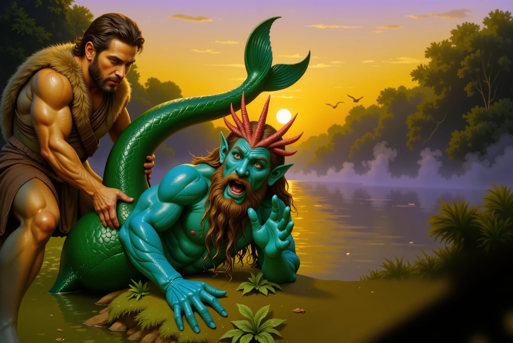 A realistic cinematic scene of Nereus, the triton, waking up startled on the riverbank at dawn. His cerulean-blue mottled skin glistens with morning dew and river water. His webbed fingers grasp at the mossy ground in panic. Hercules, wearing a lion’s pelt, grips Nereus's glowing triton tail firmly, initiating a legendary struggle. Nereus's seaweed-like beard and hair ripple with movement as he tries to escape. Coral-red horns crown his head, and his ember-colored eyes shine wide with alarm. The rising sun casts golden light across the dramatic scene, reflecting on the river and highlighting the tension between strength and desperation. Mist lingers above the water while distant birds herald the new day.