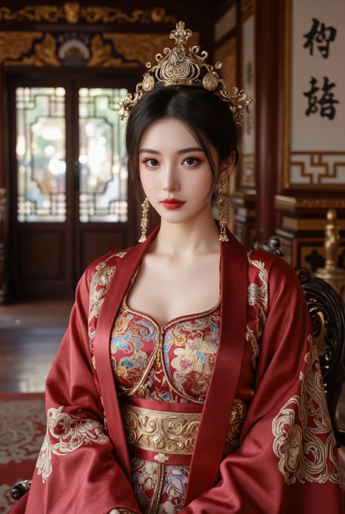 ((((8k))),((Extremely meticulous CG)) ,(wallpaper),16k,((Extremely refined and beautiful)),(((Masterpiece))),(((best qualtiy))),(((Ultra High Resolution))),beautiful light up,realistic shaded,(Smooth and flawless fair skin:1.5),(pale skin:1.3),Extremely exquisite facial details,(perfect body:1.1),(ultra-detailed:1.2),((A beautiful girl,solo)),(small head:1.2),(phoenix crown on head:1.2),(bun hair:1.2),(small face:1.2),(Exquisite makeup:1.2),(small breasts:1.2),(flat chests:1.2),(slim,thin),(happy:1.2),(laughing:1.2),(earrings:1.2),(crystal necklace:1.3),(collar:1.3),(Maxi Golden embroidered red Chinese wedding dress:1.5),(cleavage:1.3),(sleeves:1.3),(stockings:1.5),(day scene:1.5),(outdoor:1.2),(At the entrance of a Garden Hotel:1.5),(Colorful flowers:1.3),(many colors:1.3),(bright sunshine:1.2),(detailed background:1.5),(standing:1.3),(arms behind back:1.3),(upper body:1.3),(from front:1.3),(spring:1.3)