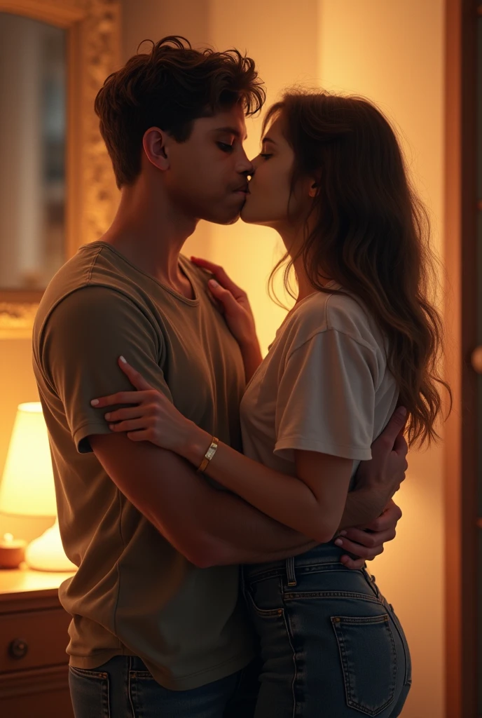 concept art,Love theme,illustration,1 person,1 girl,kiss,Hetero,brown hair,Close your eyes,Topless man and woman,Blush,black hair,pajamas,blue trousers,long hair,sit,collarbone,trousers,pair,In the building,medium hair,Blurry,shirt,Put your hand on another person's shoulder.,long sleeve,Put your hand on another person's chest.,short hair,