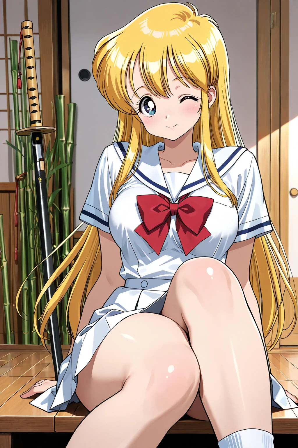 masterpiece, Highest quality, so beautiful, Long Hair, Blonde, Hair Ribbon, blue eyes, (Smaller head), Earrings, whiteいワンピース, No sleeve, sunlight, grassland, Are standing, Cowboy Shot, Mid-chest, smile, blush, Look back here, (Skirt that flips up:1.5), (white_Panties:1.5), (Thick thighs:1.5), (Wide pelvis:1.5), (From directly under the buttocks:1.5), (From behind:1.5)