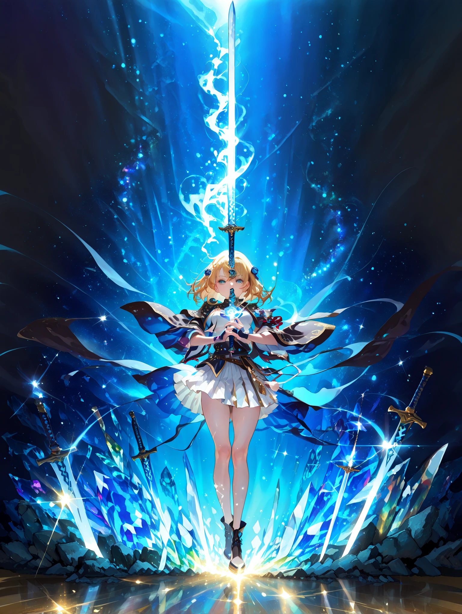 (masterpiece, best quality:1.2), (extremely detailed CG unity 8k wallpaper:1.2), (illustration:1.2), (3d:1.2), (realistic body:1.0), ((awesome detailed)), [hyper detailed], (ultra detailed skin), ((many layers)), beautiful hair, ./, (glistening shining skin:1.4), intense shadow, (official art:1.1), (sketch:1.1), (raytracing:1.2), best quality, illustration, 1000000k, ((best quality, illustration)), (solo:1.1) (cool beauty:1.3) (kawaii:1.3) (girl:1.1) (back full body:1.3) (standing hand holding crystal sword gripping crystal sword in hand:1.3) (darkred hair medium hair:1.2) (darkred gauntlets greaves:1.3) (bare shoulders) (detailed darkred armor jewelry bustier darkred mini skirt:1.3) (back:1.3) (back:1.3) (back:1.3) (scenic view ice palace dungeon on cloud :1.4) (fantasy ice world mountains blue sky outdoors:1.3) (glitter wind chromatic aberration synesthesia:1.4)