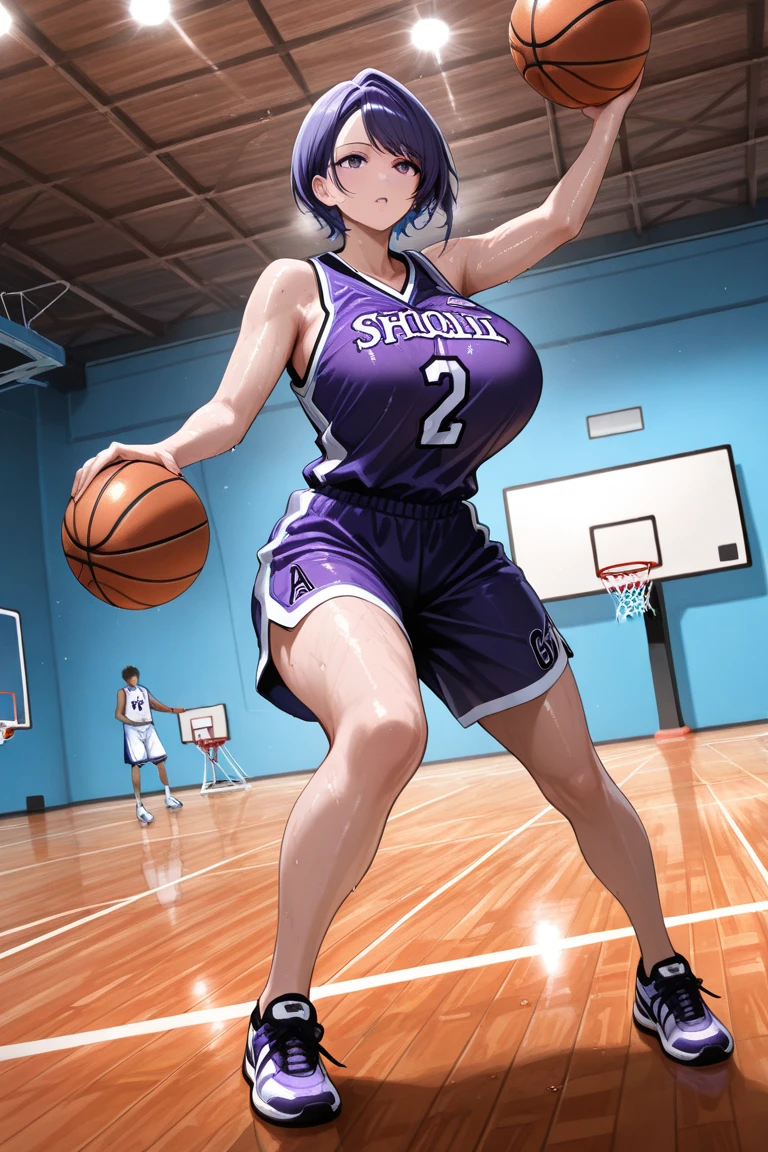 patchouli knowledge, 1girl, solo, purple hair, purple eyes, long hair, mob cap, crescent hat ornament, mob cap,1girls, running, name tag,  streaked hair, basketball, sneakers, clothes writing, sportswear, breasts, open mouth, shoes, bike shorts,large breast, 