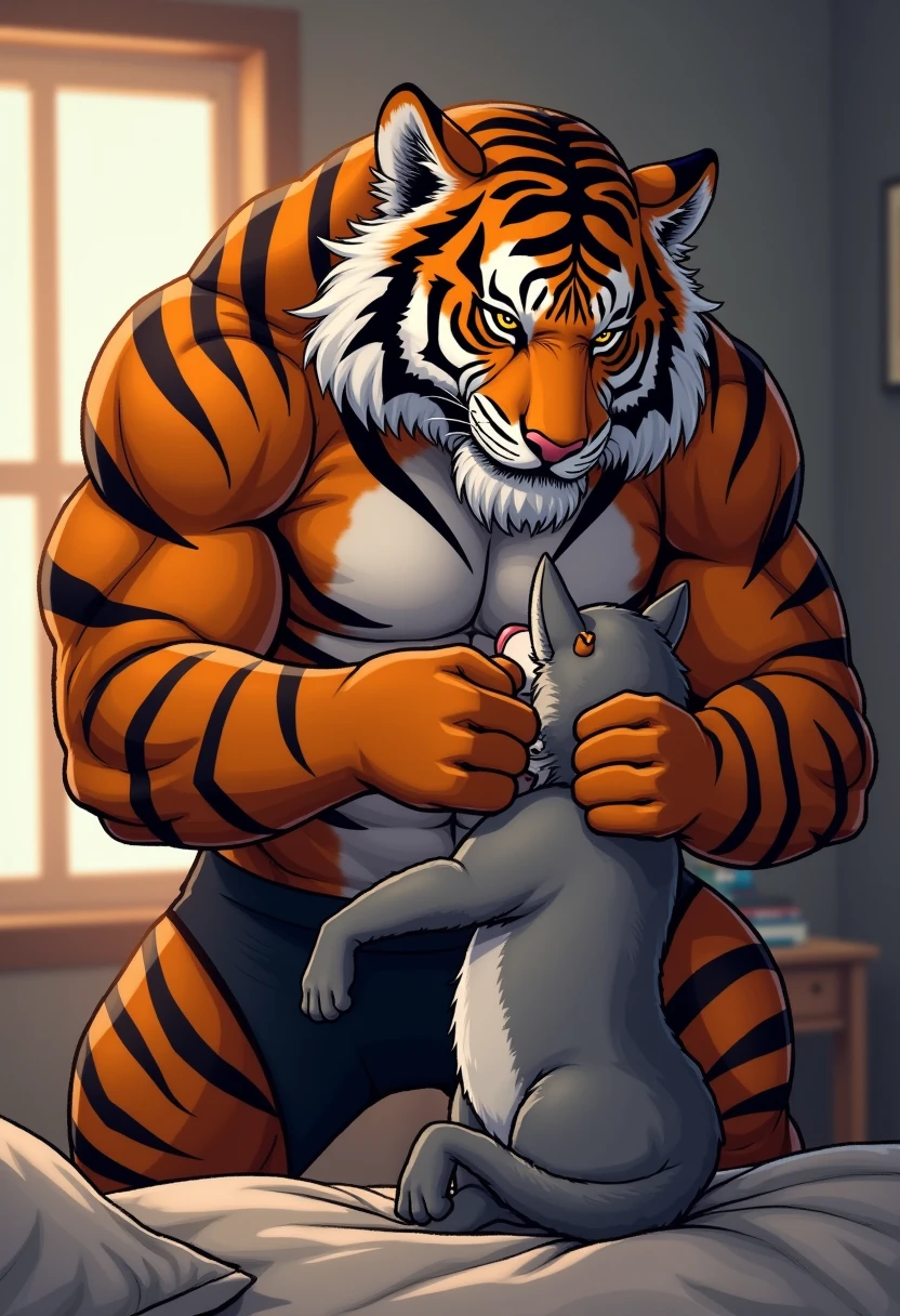 By Taran Fiddler, painterly backhround, Bara, One man, furry, alone, orange tiger, mature male, dilf, older male, muscular, mustache, handsome face, orgasmic facial expression, moaning, pleasured face, orange and black fur, laying down, legs spread, naked, nude, masturbating, jerking off, thick cum, detailed semen, huge cock (uncut), veiny cock, good view of cock, outdoors, in forest, sitting against tree trunk, wooded forest background, in the dark, dynamic camera angle, dynamic posing