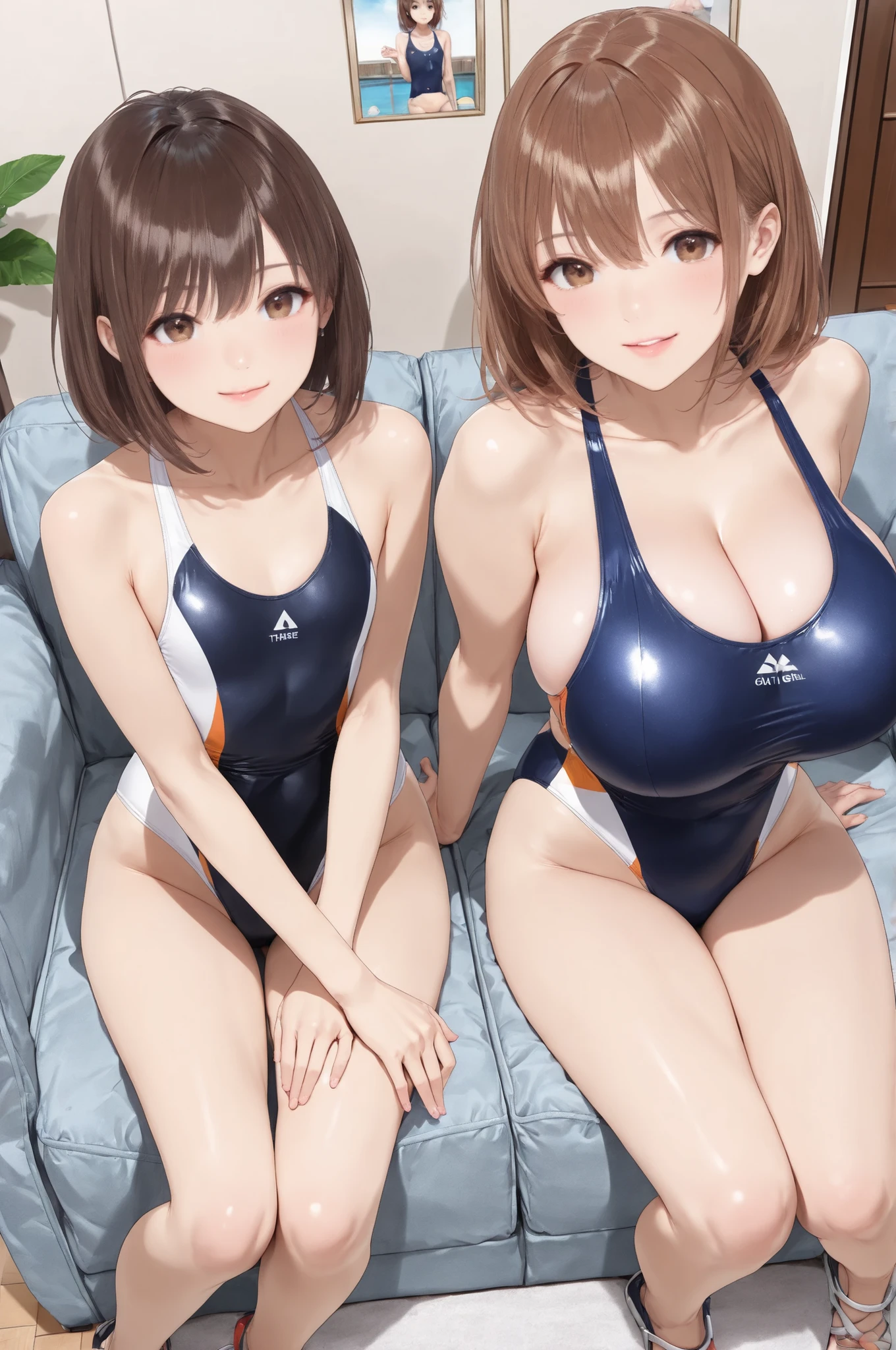 anime - style image of two women in black and white Swimwears, Realistic Bikini, is wearing a Swimwear, biomechanical tits, Photorealistic perfect body, Swimwear, tits, tits proportions, wet Swimwear, tits cyberpunk, thick, Realistic Anime 3D Style, Female body type, Gym Chun-Li, Enchanting anime girl