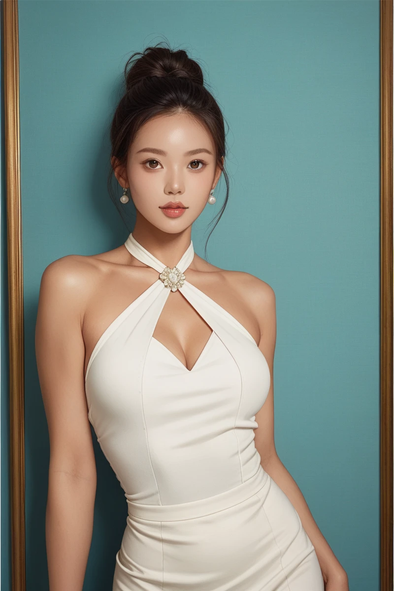 20 year old woman,korean beauty,kpop idol,big_chest,Perfect ,pure_split,calm tone,muted colors,high contrast,natural skin texture,surrealism,soft light,sharp,simple background,light brown hair,sexy costumes,undercut