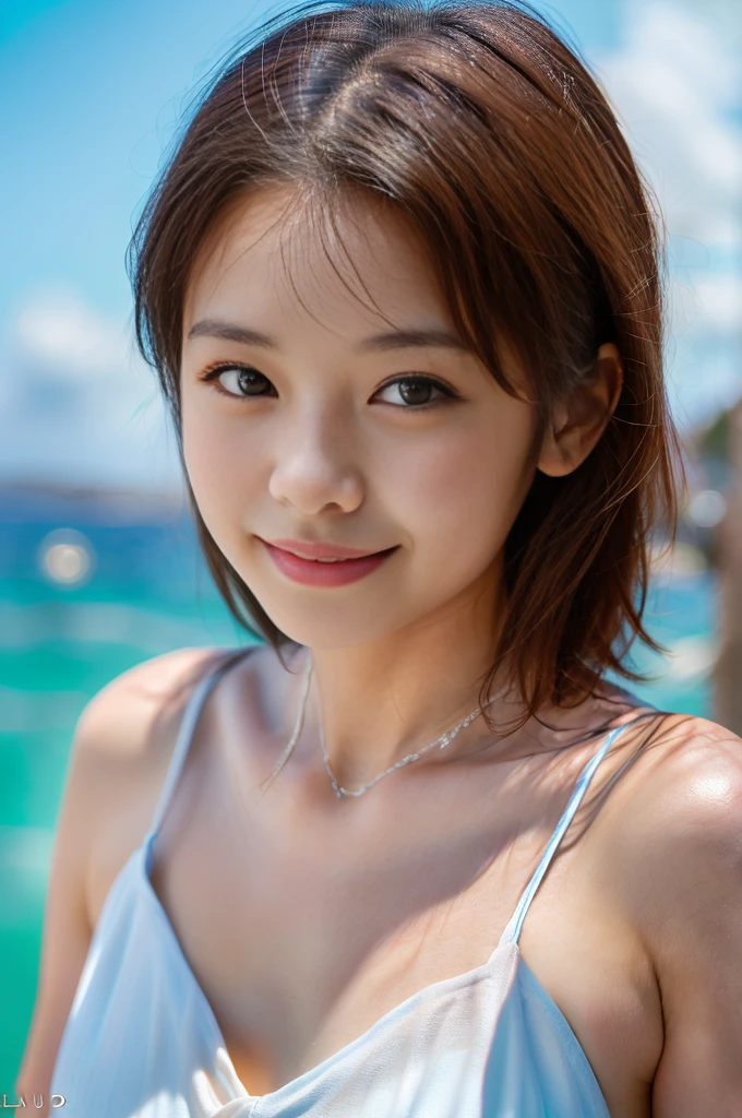 (1young girl:1.2), (bob hair), (happy smile:1.2), (big round eyes:1.2), (bikini), (cleavage), (Best Quality:1.4), Realistic, extremely detailed CG unified 8k wallpaper, highly detailed, High-definition raw color photos, professional photography, Realistic portrait, Beautiful detailed, (Fine face:1.2), Close up portrait of girl, Outdoors, (beach), (beach at night:1.4), (aurora in the sky),