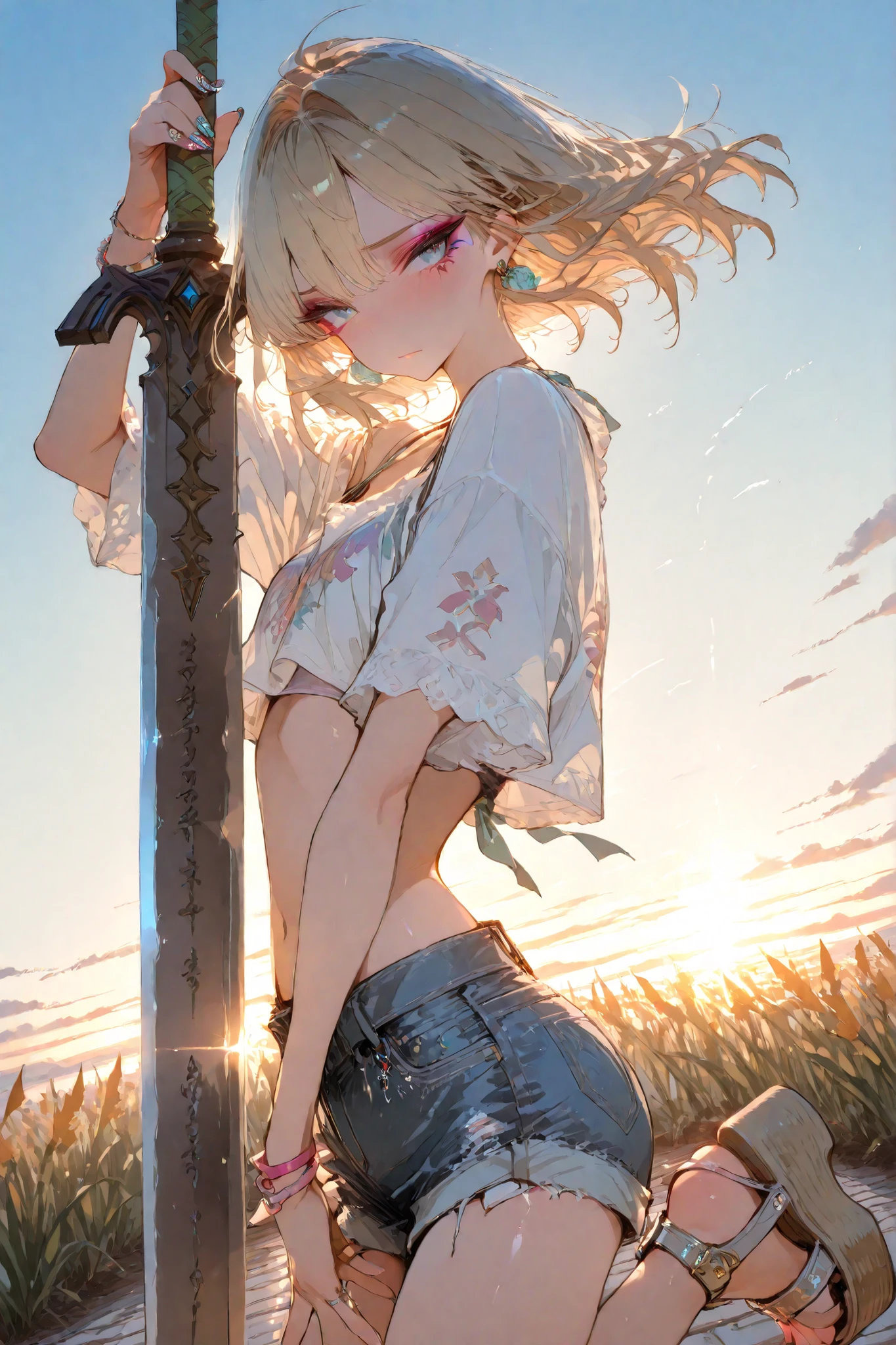 1girl, link, crossdressing, gyaru fashion, denim shorts, crop top, summer outfit, trendy streetwear, blonde hair, gyaru makeup, nail art, earrings,platform sandals, holding a giant sword,dynamic battle pose, looking at viewer, shy body language, stylish, fashionable, solo,open field background, bright summer sky, wind-blown hair, Dutch angle, upper body,vibrant summer vibes, natural lighting
amazing quality, high resolution, ultra-detailed, absurdres, masterpiece, best quality, very aesthetic,