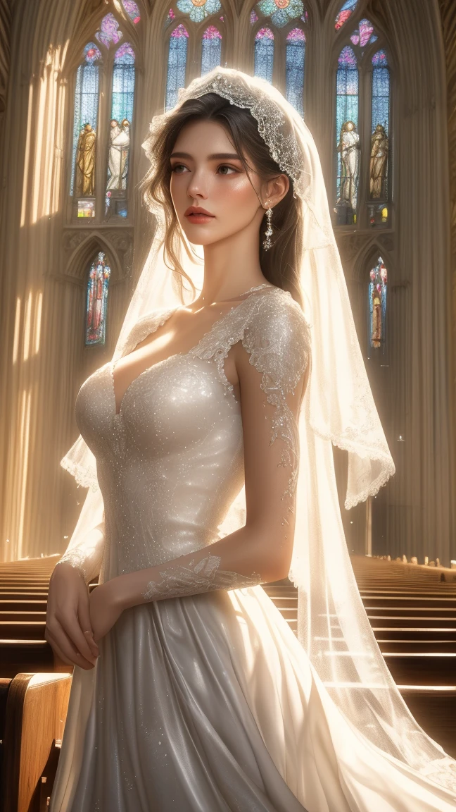 (masterpiece:1.3, best quality), intricate details, cowboy pose, sexy pose, 1girl, 25yo, perfect face, brown hair, long hair, wedding hairstyle, green eyes, red lips, happy face, smiling, laughing, medium breasts, cleavage, jewelry, wedding dress, lace elbow gloves, wedding scene, church background, absurdres, <lora:weddingdressex0.3:1>