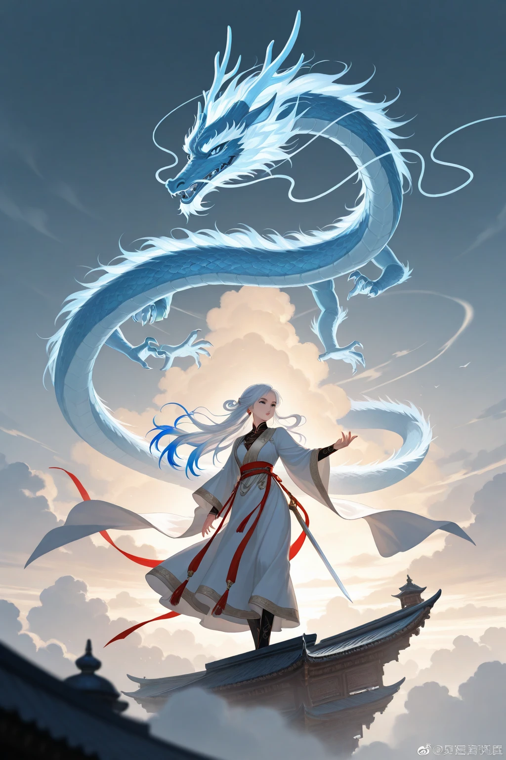 masterpiece, Highest quality, 1 pretty girl,  white, Japanese Dragon, null, cloud, real