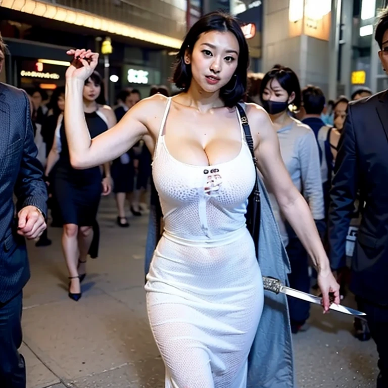 (Best Quality, 8k, 32k, Masterpiece, UHD: 1.2), Depth of Field: 1.2, Black Smoke: 1.1, Cute Japan Woman Pictures, Small Women, 20 Years Old, Beautiful and Perfect Face, Short Hair, Ponytail, Brown Short Hair, Beauty Face, Slender: 1.2, big Breasts: 1.2, Complex Details, Cinematic Feeling,Shy, Panic face, mouth open and pleasant-looking face, cowboy shot, composition with no face visible except for women, looking at breasts, embarrassed: 1.2, crowded train: 1.37, crowded: 1.37, emphasis on the armpits, long dress, thin fabric, thong, mekosuji, crotch open, pubic hair is very much protruding, clothes with exposed breasts, exposed breasts from the side, exposed armpits, exposed navel, (molested, surrounded by tall men on a crowded train, body in close contact with men, hands put in the lower half of the body by men, undressed by men, covered lift, skirt lift: 1.1), (beautiful nipple slip: 0.9)