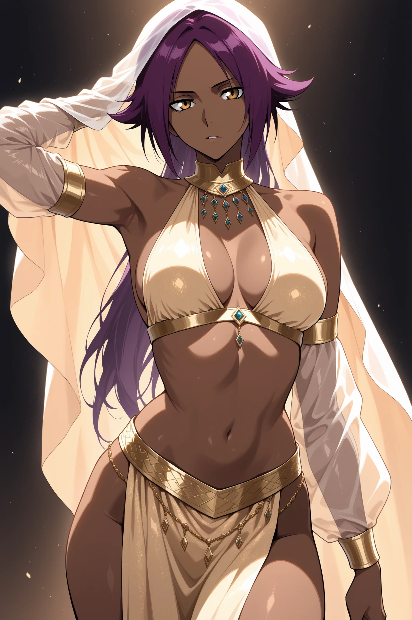 Woman in Arabic Costume,Arabian Dancer,Dressed as an emperor, Chef&#39;s attire,God of the Galaxy, Brom redshift, wuxia,long hair,Silver Hair,Modest chest,Muscular,Larger thighs,Ethnic kitchen