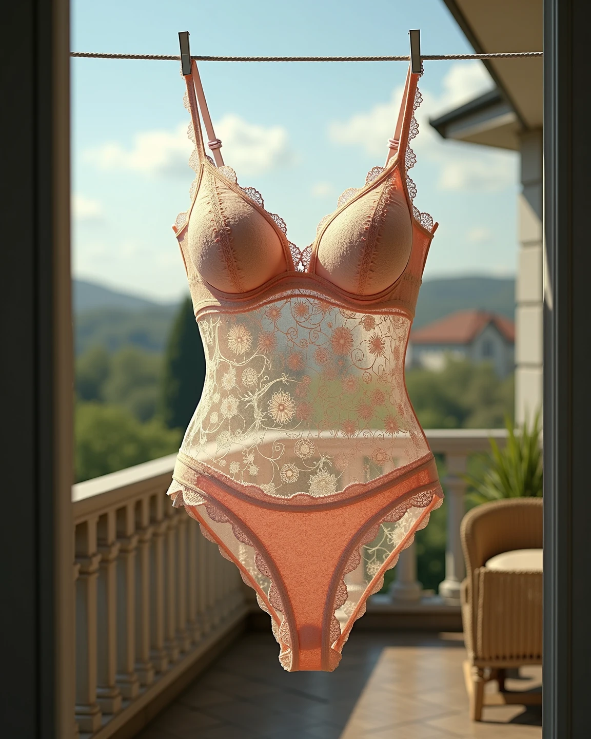  (highest quality),(((Photorealistic))), 8K, perfect composition,balcony,hang out the laundry,hang out big size lace bra,(((gigantic bra))),(((M cup bra))),hang out lace thong