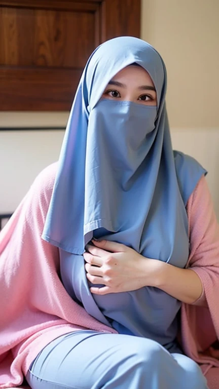  a beautiful young pakistani woman in black hijab, (((super big breast))), (very big breast covered) perfect face, (((very huge big breast,))), ((( Big Breast))) long dress muslim, (((covering mouth, long veil))), Slim Face、20 years old, stil young, Pretty Lady,  smile eyes, sleep in bedroom, stand up, (big breast covered) , see full image make her nude, see through dress