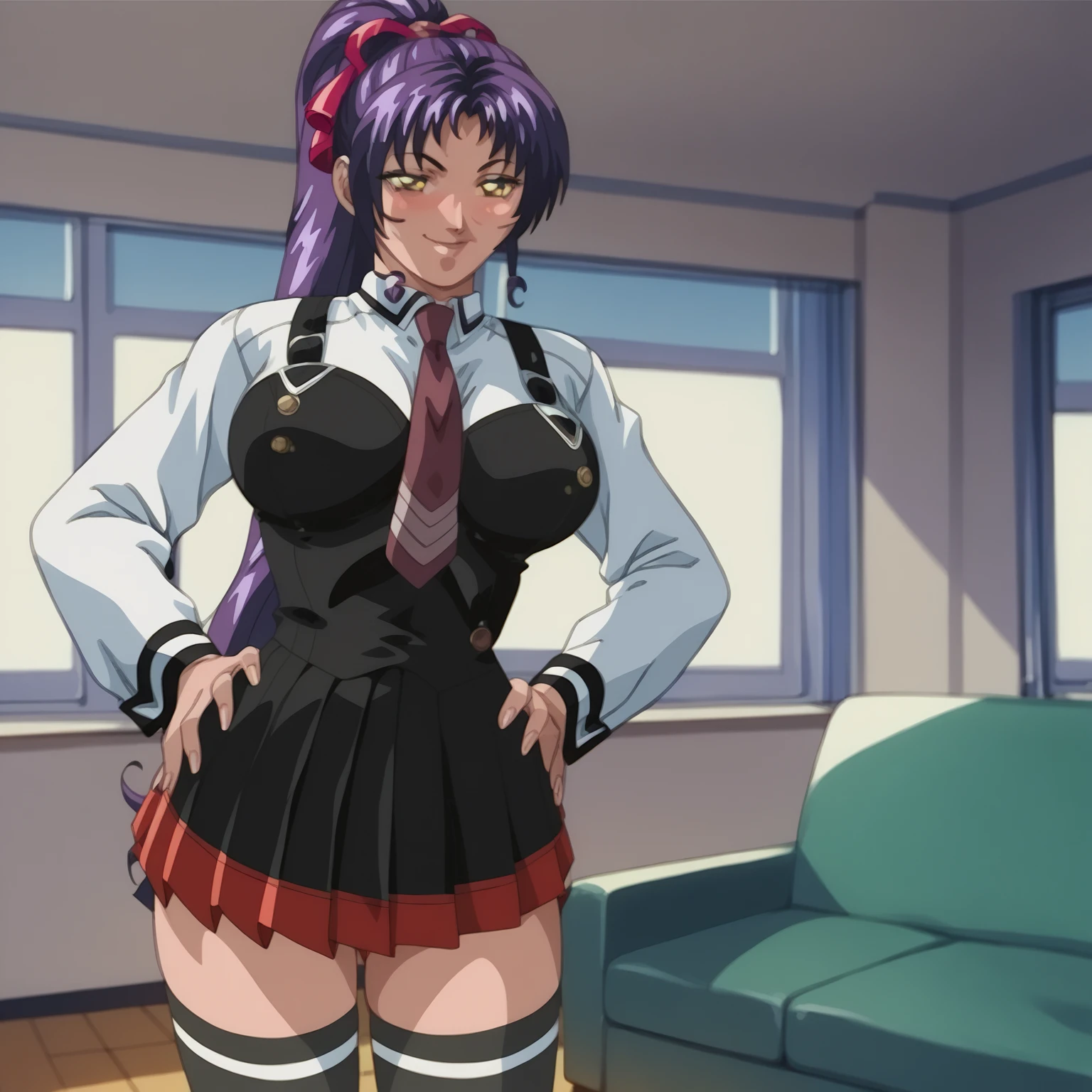 (Obra maestra, La mejor calidad), 1girl, 22 years old, Saeko Busujima, Cabello largo, purple hair, (purple eyes:1.1), pelo entre los ojos,, falda, mangas largas, arco, Uniforme escolar, Serafuku, falda verde,, squatting