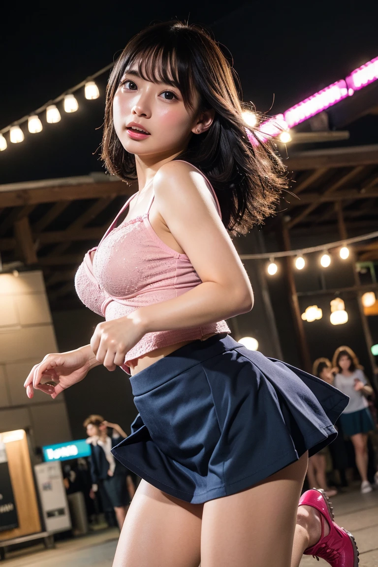 very cute and beautiful girl,(highly detailed beautiful face),(smile:1.2),happy, black hair,looking at viewer,dancing,(looking back,from behind,from below),cowboy shot, teen idol costume like AKB48,akiba idol with detailed frills,navyblue plaid vest, live stage,concert hall,spot light, (best quality,masterpiece),absurdres,highres,ultra-detailed,extremely detailed,32k,8k resolution, intricate details,cinematic scene,detailed background,solo,dynamic angle,