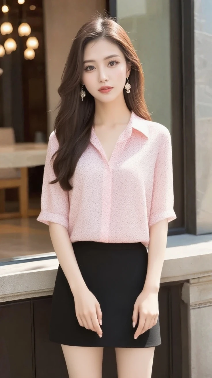 1 Japanese woman, (Masterpiece: 1.3), high resolution, ultra-definition, high-definition CG Unity 8K wallpaper, real, photoreal, raw photo, beautifully detailed face, realistic glowing skin, fine cloth texture, detailed hair texture, perfect style, beautiful face, accurate, anatomically correct, highly detailed face and skin texture, fine eyes, brown eyes, double eyelids, shiny skin, (fair skin: 1.2) , shiny necklace and earrings, (shiny lips: 1.4), (elegant) ) pretty girl: 1.3), (updo, wavy hair), (seductive smile: 1.2, blush), (elegant suit Wearing: 1.3), Big breasts, (Pink lace panties: 1.2), (Cityscape: 1.2), Downtown, Full body shot, Skirt pulled up, Full body shot, (Bank teller, Black skirt, Ribbon, Short sleeves, White shirt, skirt, vest: 1.1), (button spacing: 1.3), (from bottom): 1.5)