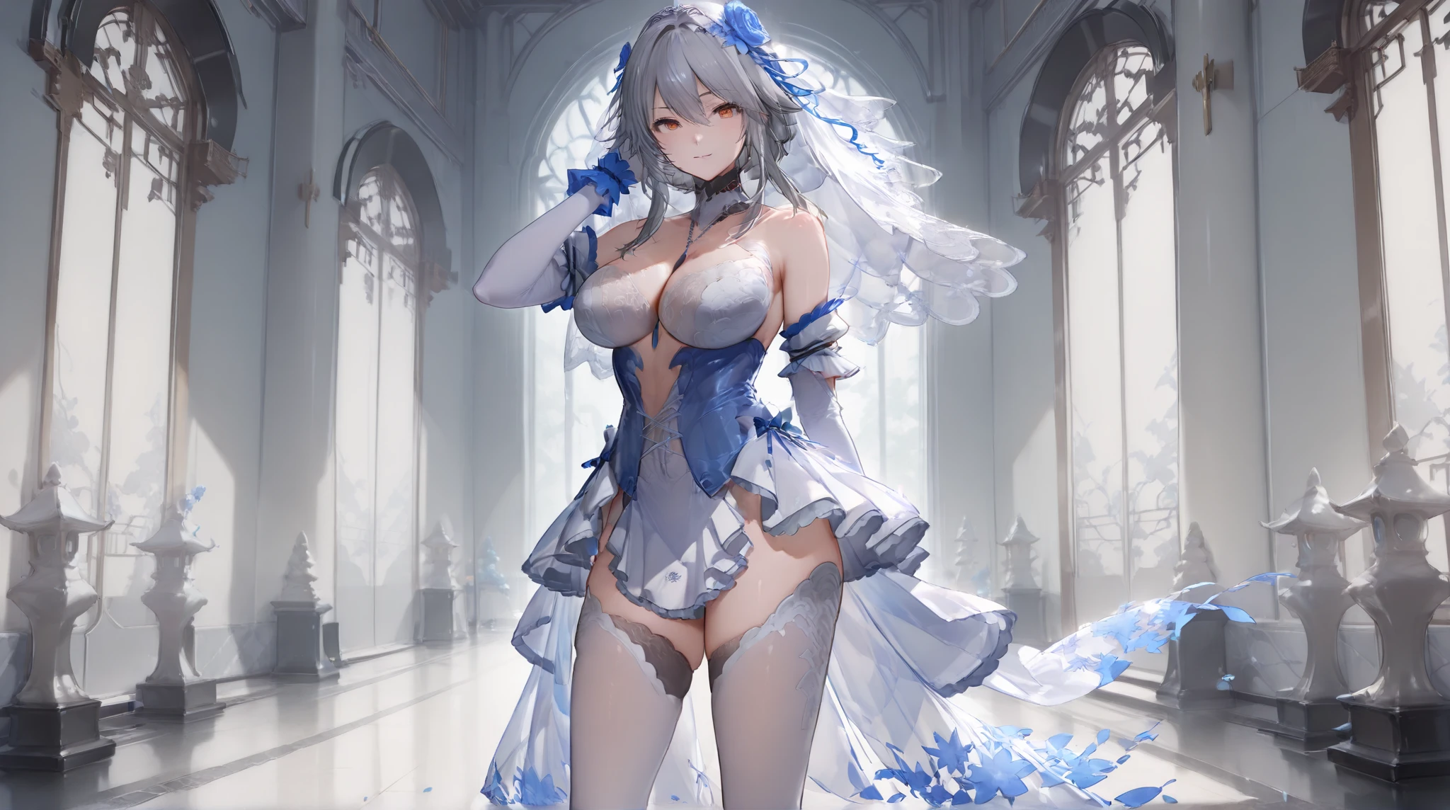 (Masterpiece, Slim Body, Delicate Fingers: 1.2), Best Quality, (Illustration: 1.2), (Hyper Detail), Eye Focus, Ultra Detail, (Fine Detail), (Intricate Detail), HDR, (Ultra Detail: 1.15), (Soft Light: 1.2),1girl,, ((nobility lady cloth), (neat outfit:1.5), (costume with blue accents: 1.2), (white shirt), white panties,(White hair and blue highlights),cyan eyes, medium, short hair, solo, (medium breasts:1.2),  masterpiece, best quality, highly detailed, full body image,