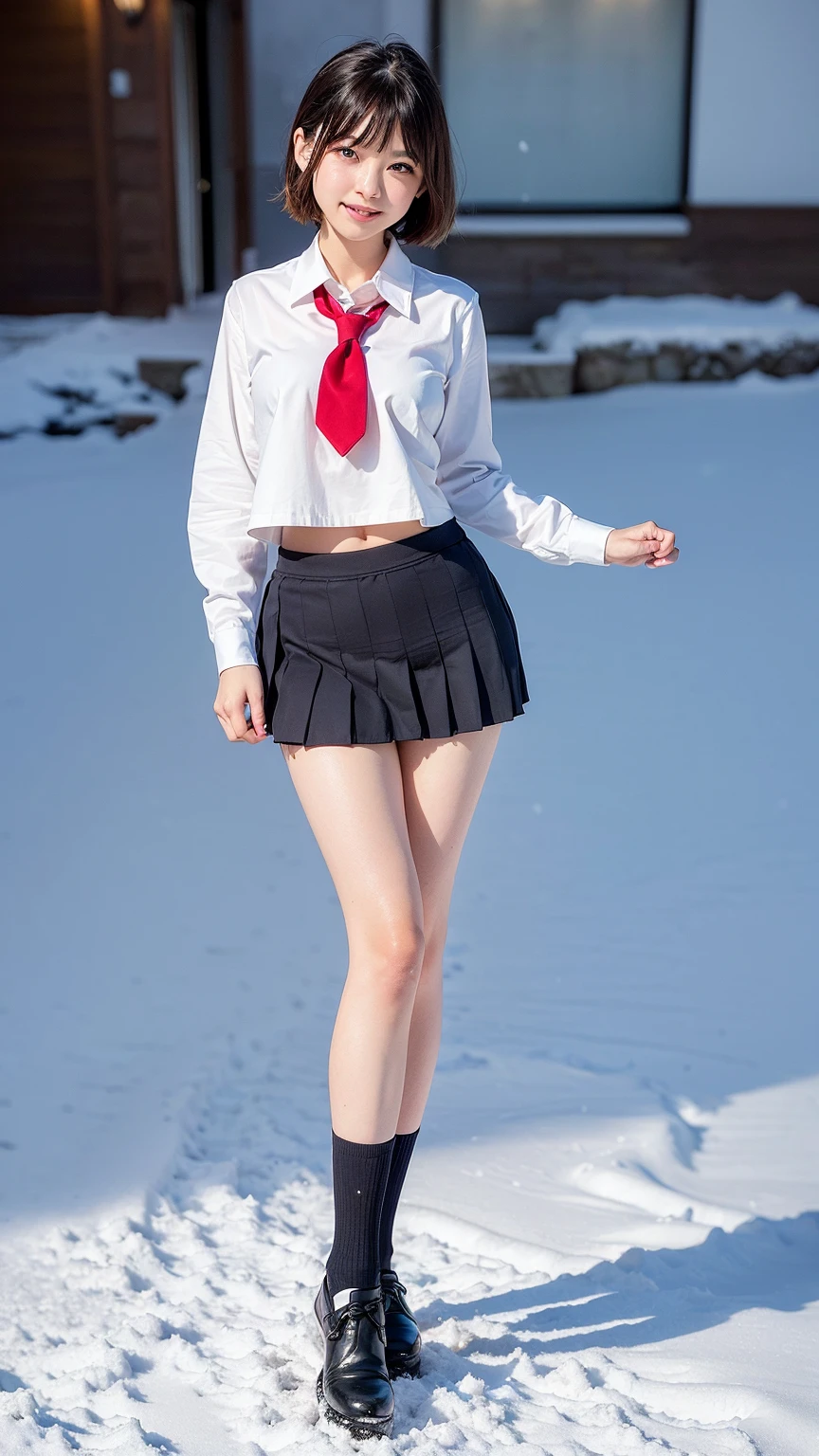 masterpiece、highest quality、Girl 1、Ultra-detailed　Black-haired、Blunt bangs　Schoolgirl uniform、scarf、Leather shoes　Urinating　Snow Town、Legs wide open、正面に向かってLegs wide open、squat、Showing off her thin white panties