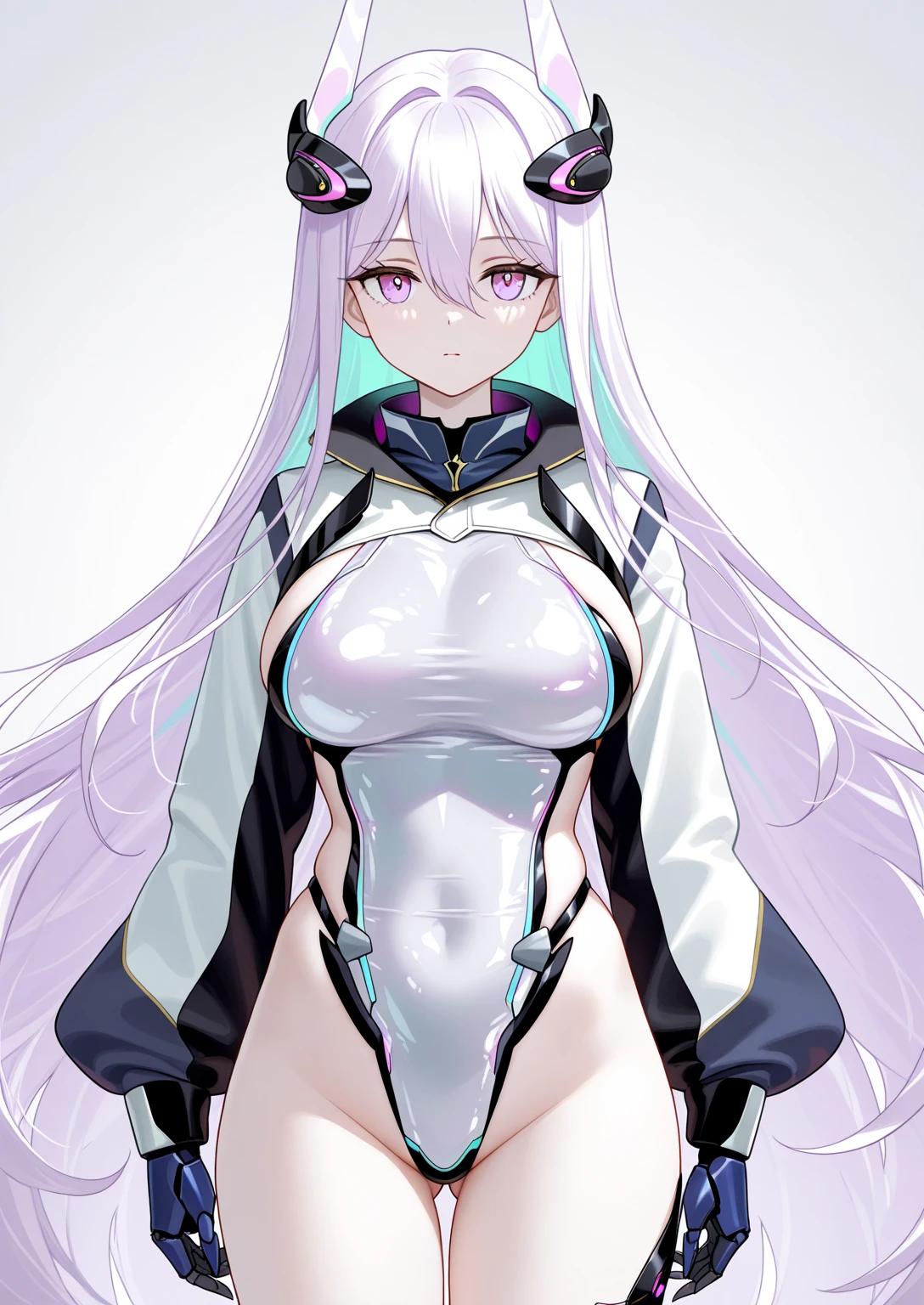 red eyes,(masterpiece, best quality:1.2),illustration,8k,hd,1girl,solo,city,cowboy shot,kearsarge (azur lane),asymmetrical legwear,black gloves,blush,covered navel,gloves,hair between eyes,headgear,highleg,highleg leotard,jacket,large breasts,leotard,long sleeves,purple eyes,shrug (clothing),sideboob,taut leotard,thighhighs,very long hair,white hair,white jacket,white leotard,white thighhighs,<lora:Kearsarge(azur)>,