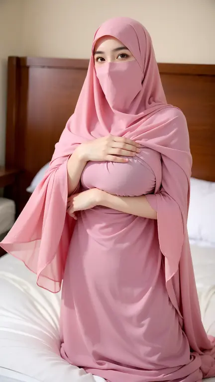  a beautiful young woman hijab, (((super big breast))), (very big breast uncovered) perfect face, (((very huge big breast,))), ((( NAKED ))) taut crimson pink micro dress muslim, (((covering mouth, taut veil))), Slim Face、20 years old, stil young, Pretty Lady,  smile eyes, sitting on bed, stand up, (nude pose) , see full image