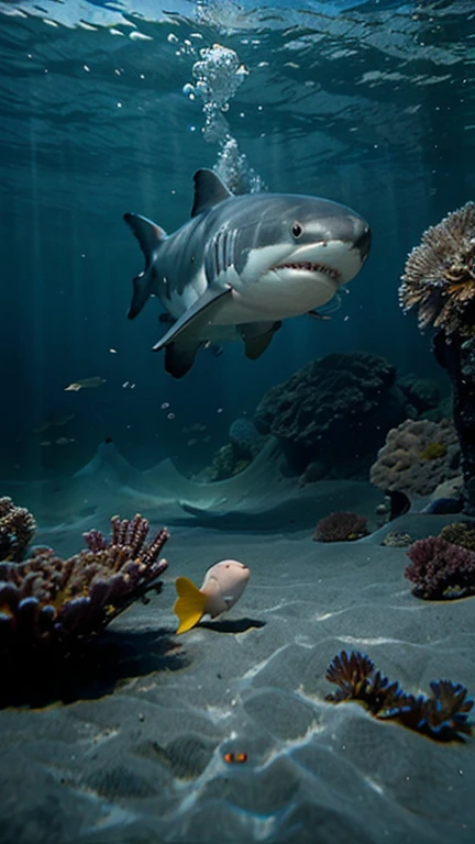 realistic photo of the deep sea, underwater, sun rays, large shark, sharp teeth, mouth open, scary, (masterpiece:1.1), (best quality:1.1), beautiful, (intricate details), unity 8k wallpaper, ultra detailed, aesthetic, romantic lighting, candles, lighting, candid photo, <lora:FDDeepOcean:0.7>
