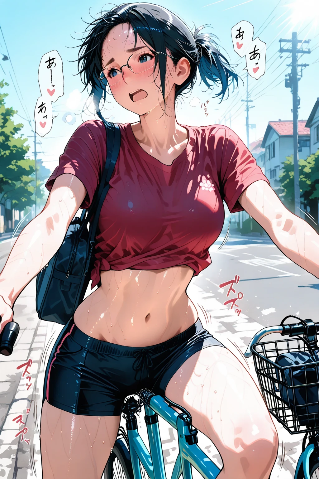 masterpiece, best quality,anime style, 1 girl,(((slender body))), (((small eyes,small breast,breast milk,breastfeeding a baby))),(((Jacket, Open your clothes, Open jacket, Blue jacket, ground vehicle, Sports Bra, bicycle,buruma,glasses))),((((cum)))), (beautiful face), (((short twintail))), (((straight hair))), ((((black hair)))),detailed beautiful skin, (perfect hands, perfect anatomy)
