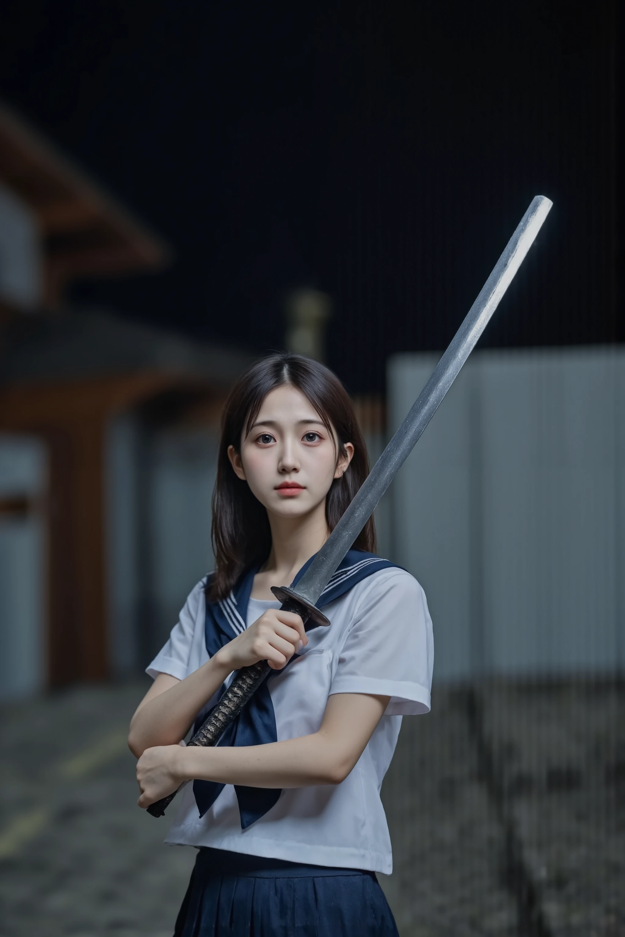 School rooftop at night,High school girl in a tattered uniform,I'm hugging a Japanese sword,best quality,4K,8K,high res,Masterpiece,super definition,Realistic,as pictured,HDR,UHD,Studio Lighting,Ultra Fine Painting,sharp focus,physically-based rendering,Extreme Details,with lip pk,Brilliant Colors,Bokeh,dark atmosphere, traditional ,samurai,danger,Strong expression
