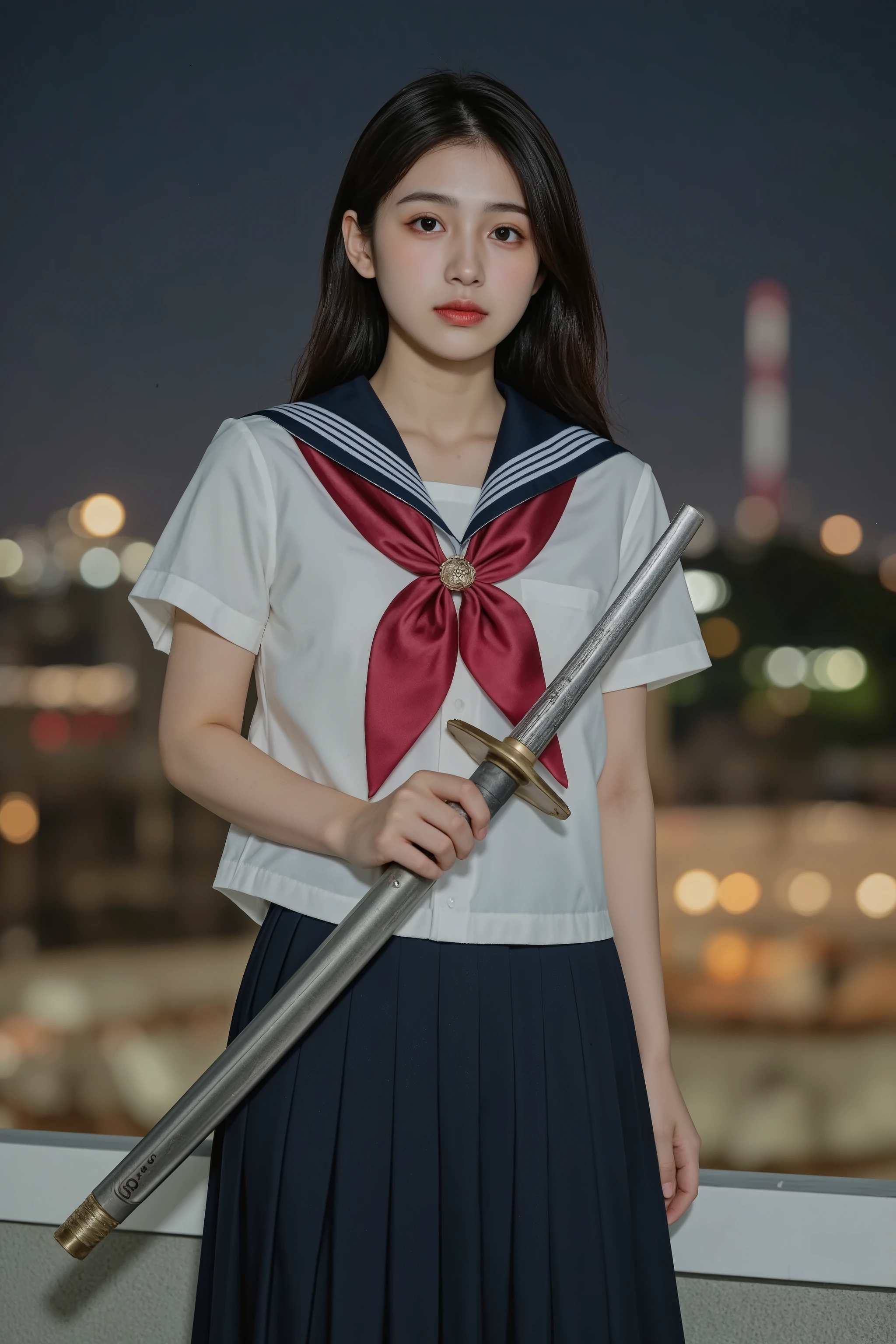 A female high school student stands on a school rooftop at night, wearing a dirty and tattered school uniform. The student holds a katana in her hands. The rooftop surface is concrete with scattered debris and gravel. Urban nighttime scenery is visible in the background, with city lights twinkling in the distance. The dark night sky contains visible stars and a partial moon. Night photography with high contrast lighting and sharp focus on the subject against dark urban backdrop.