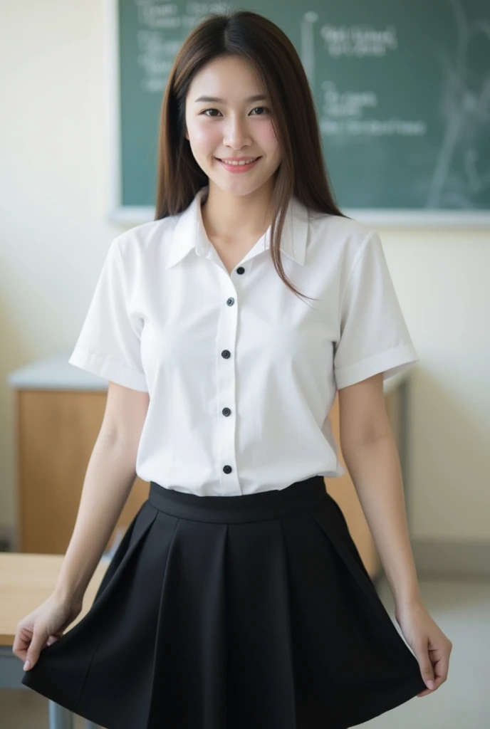 (masterpiece, Highest quality:1.2), 8K, Young and beautiful girl, 85mm,Official AR RAW Photos, (Baby Face), ((Small face)), ((Busty)), ((Breast enlargement)), Detailed nipples, Show me your ears、photo shoot, Cute face, Thighs, Classroom after school, Looking at the audience, Embarrassing、smile、 makeup, Film Grain, chromatic aberration, Sharp focus, Face Light, Bright lighting, 10 generations, Detailed face, Background blur、((((((14 year old high school girl))))))、Narrow waist、 uniform、Checkered pleated mini skirt, White tiny panties