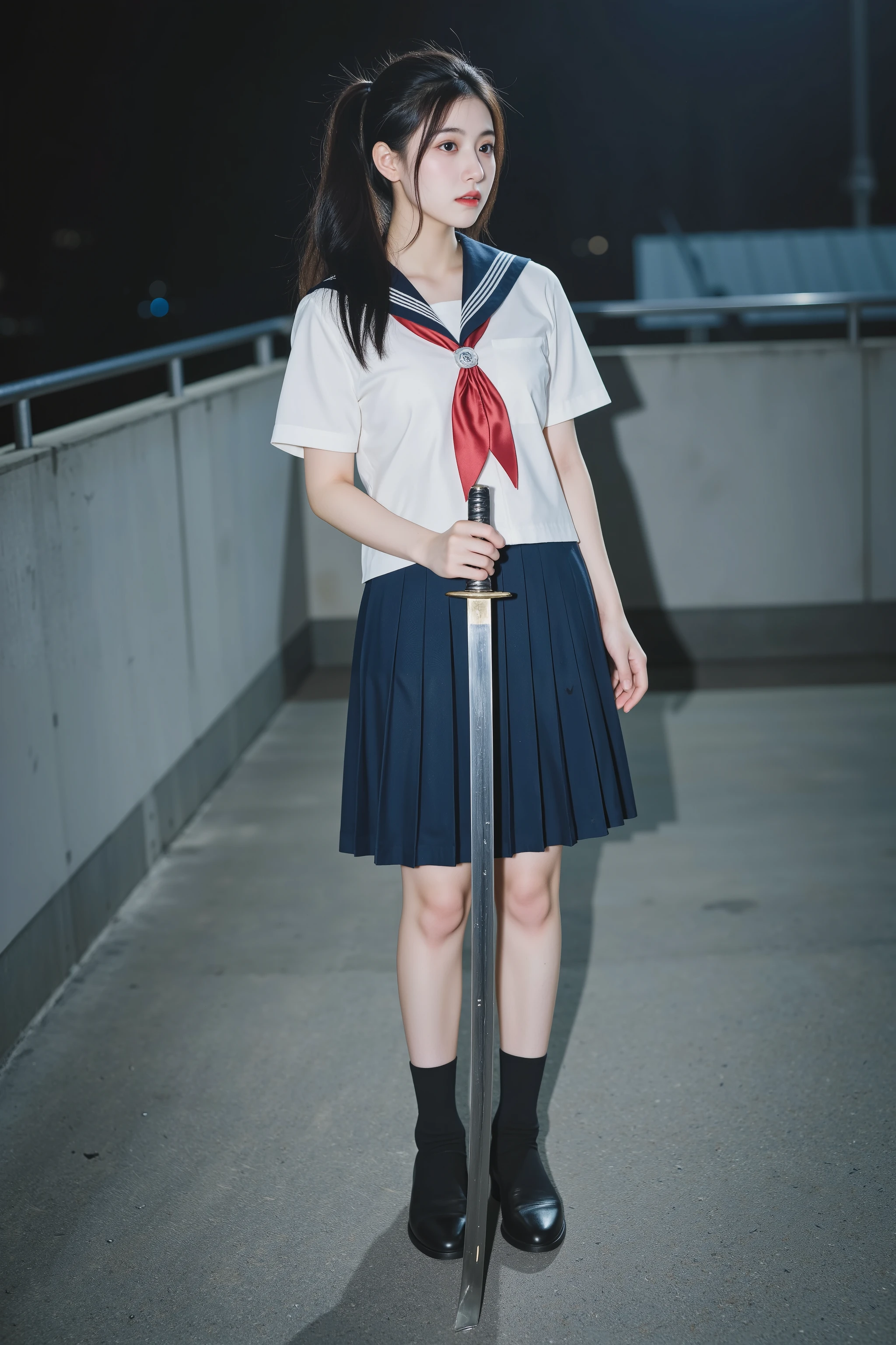 A female high school student wearing a tattered and dirty school uniform stands alone on a dark school rooftop at night, holding a Japanese katana sword. The uniform consists of a white sailor-style top with blue collar and a navy blue pleated skirt, both showing visible tears and dirt stains. The rooftop setting features concrete flooring, metal safety railings, and the silhouettes of urban buildings visible in the distance against the night sky. Urban night photography with dramatic low-key lighting emphasizing strong shadows and highlights.