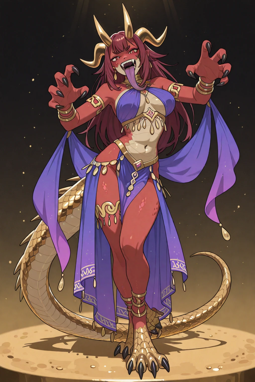 milf, mature female, ((dark skin:1.2)), red eyes, (red lips), smile , parted lips, (long black hair), (straight hair), parted bangs, long side locks, earrings, belly piercing, lamia, red scales, (snake tail:1.3) , Ultra-realistic snake scales, Large breasts, narrow waist, wide hips, black bra, red skirt, bindi, (veil), gold bracelets, gold necklace, jewelry, dark eyeshadow, sexy pose, arabian architecture, hand on own chest, ExtraArms extra arms