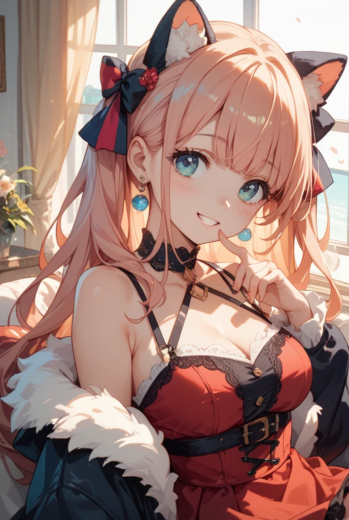 highest quality、、Big Breasts、Cleavage、Fox ears、Long blonde、Red Eye、cat lingerie、smile、Bedroom
