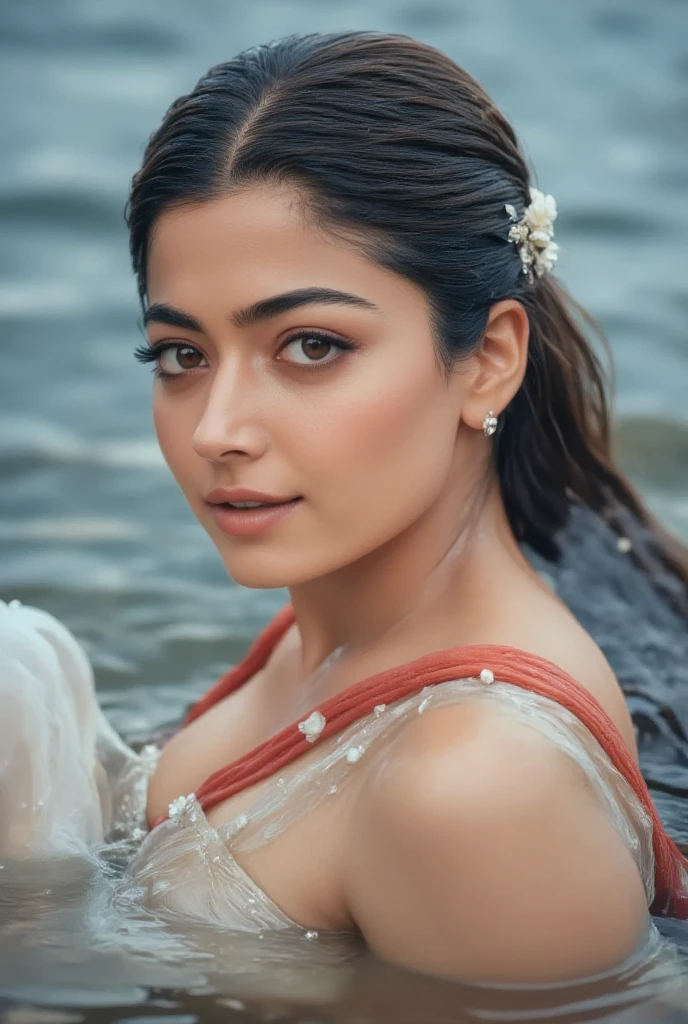 close up photo of 30 years old pooja hegde, doing hand to big penis lying on river, swooping breasts, deep cleavage, look at camera, blue saree, French braid hair, 4K, HD