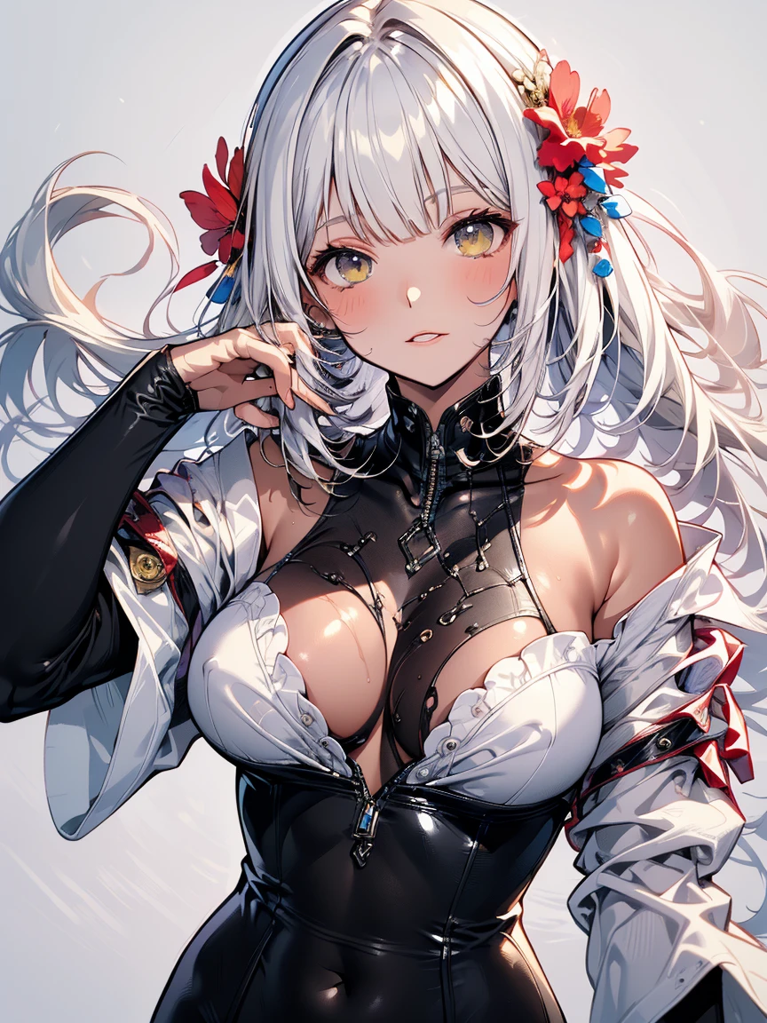 (((Masterpiece))), (portrait), diffused light, dynamic shadows, sharp focus, realistic, detailed, highres, absurdres, anatomically correct, seductive face, white background, torn clothes, looking to the side, black choker, belly button, medium breast