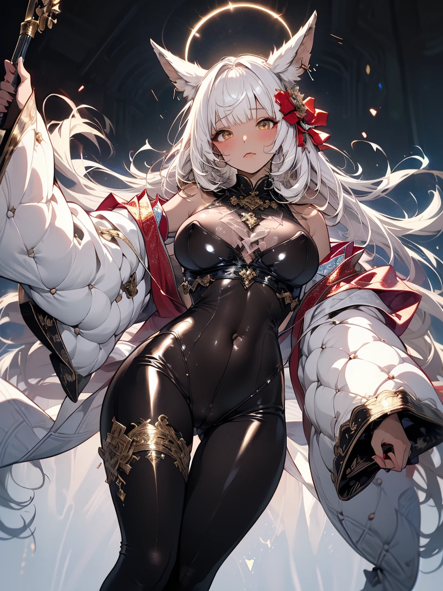 ((highest quality)), ((masterpiece)), (detailed), （Perfect Face）、The woman is an Extia Chevalier with long silver hair in a ponytail.、She has red eyes, a gorgeous black long slit see-through dress that shows off her skin, a see-through cape with fur, a jeweled necklace, a tiara, earrings, a head dress-up chain, a waist chain, bracelets, anklet, etc.々She wears lavish jewelry and shiny black boots.