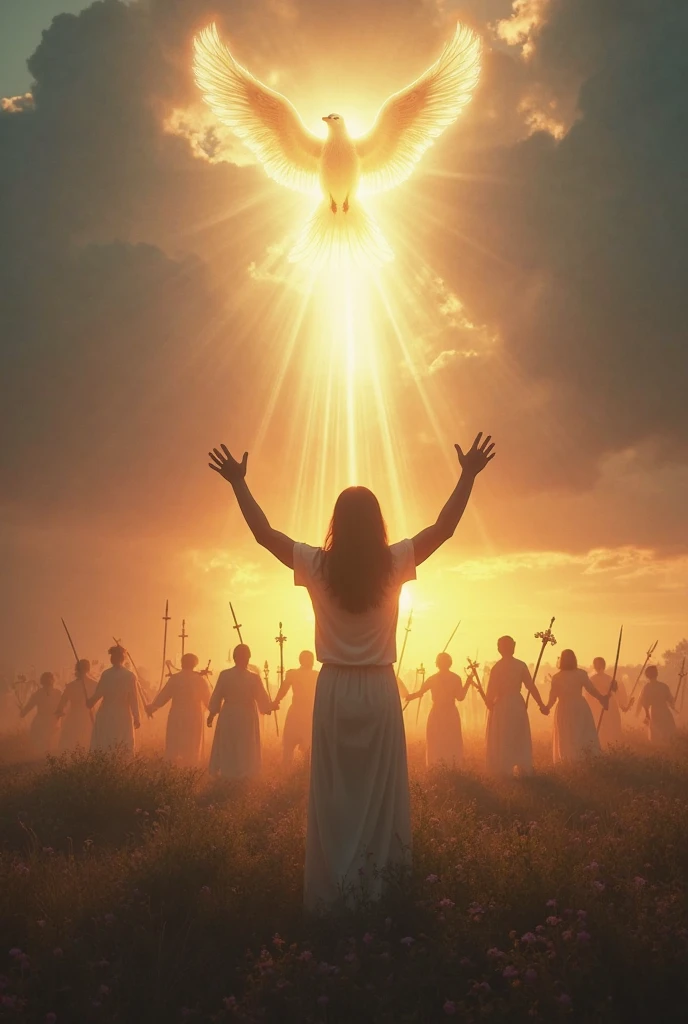 create realistic images according to the phrase “Hallelujah salvation and Glory, honor and power belong to our GOD”. Create a work of art simulating the rapture of the church. Jesus Christ in heaven surrounded by angels around him playing the trumpet, clouds surround a beautiful blue sky that contrasts with the sea. People on earth dressed in Modern clothes in 2024, raise their hands to the sky crying out for Jesus. Turner's expressive and atmospheric painting style with the thematic depth style of Shakespeare's literary works. The image should reflect the dramatic and emotional intensity found in Shakespeare's plays, portrayed through Turner's characteristic use of vibrant colors and dynamic compositions.